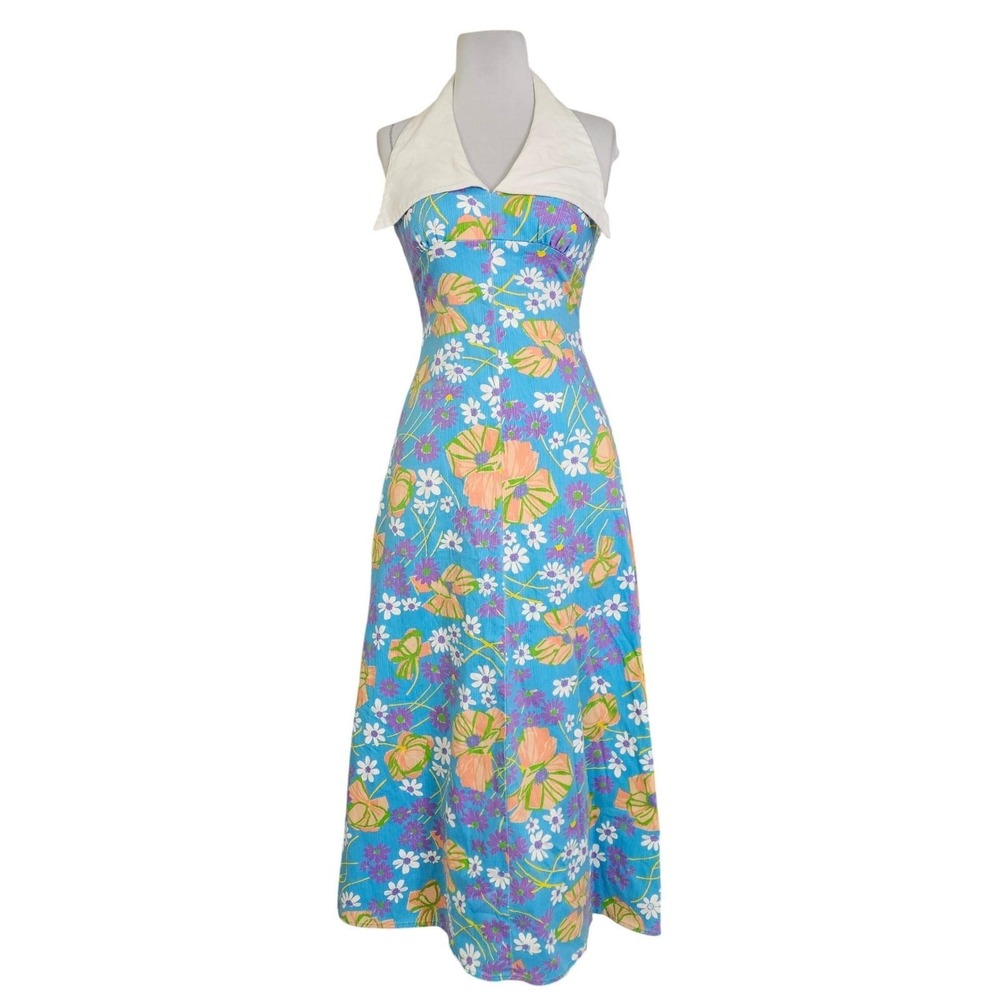 Vintage 60s 70s Mod Floral Maxi Dress Blue Tiki Hostess Boho Oversize Collar M